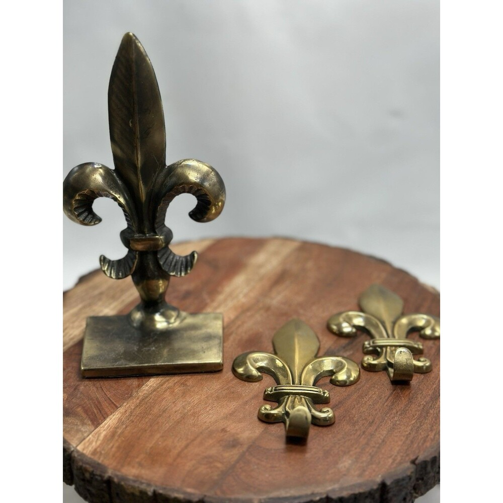 Brass French Style Fleur de Lis Bookend With 2 Wall Hooks